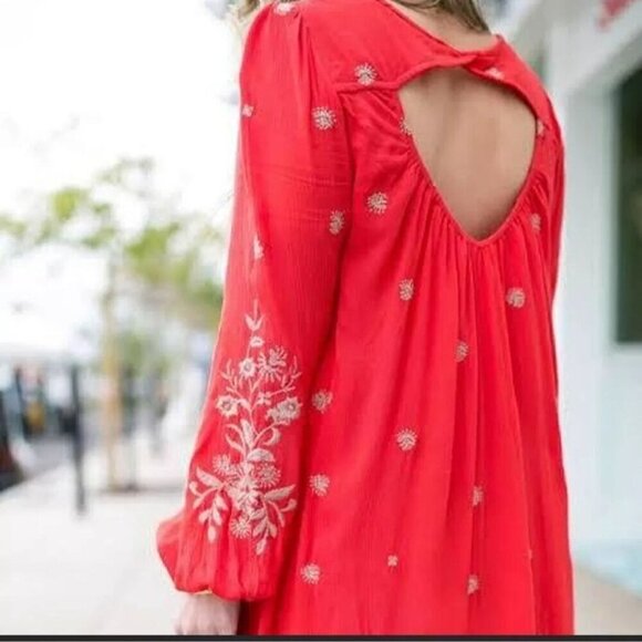 Free People Sweet Tennessee Embroidered Red Long Sleeve Tunic Dress Size S - Picture 6 of 10